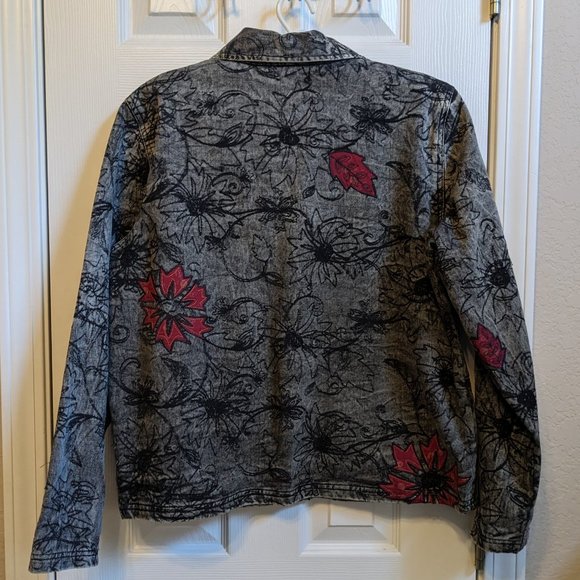 FRENCH LAUNDRY Black Wash Boho Denim Jacket Floral Embroidery - Picture 7 of 10